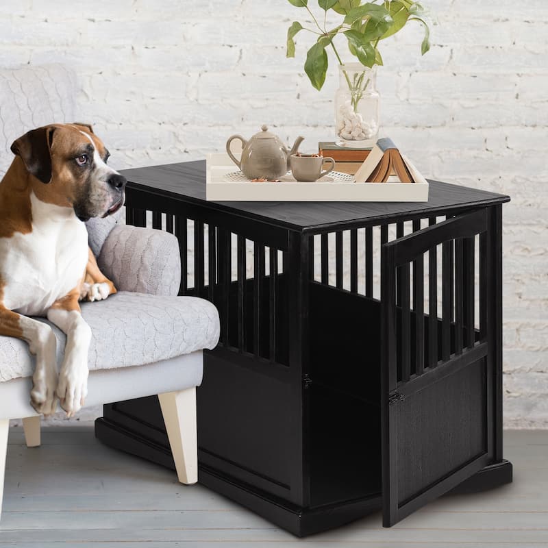 Wooden Pet Crate End Table with Lockable Door - 24"W x 36.5"D x 29.25"H - Black