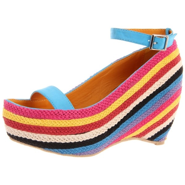 Fahrenheit Women's 'Fig 02' Blue Slingback Rainbow Wedge Sandals Fahrenheit Wedges