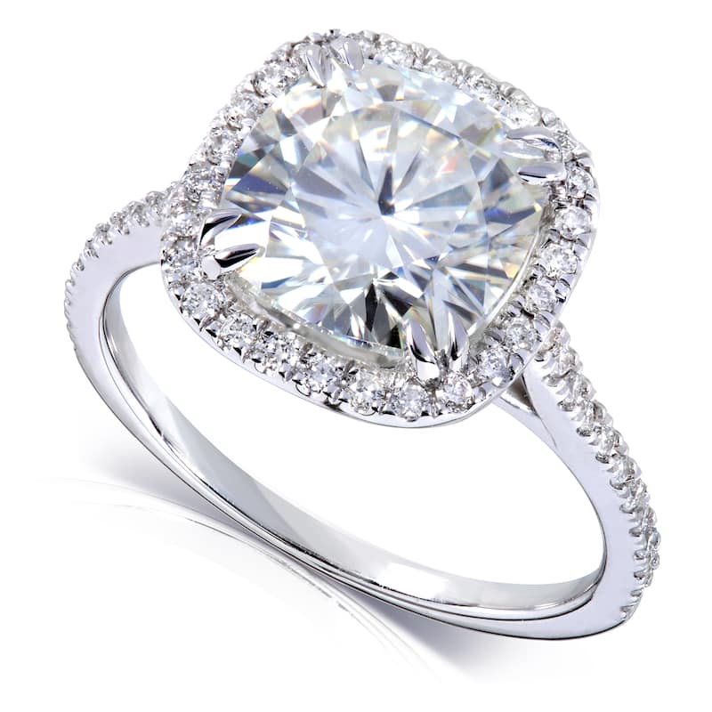 Annello by Kobelli 14k White Gold 3ct TGW Cushion Moissanite and Diamond Halo Engagement Ring