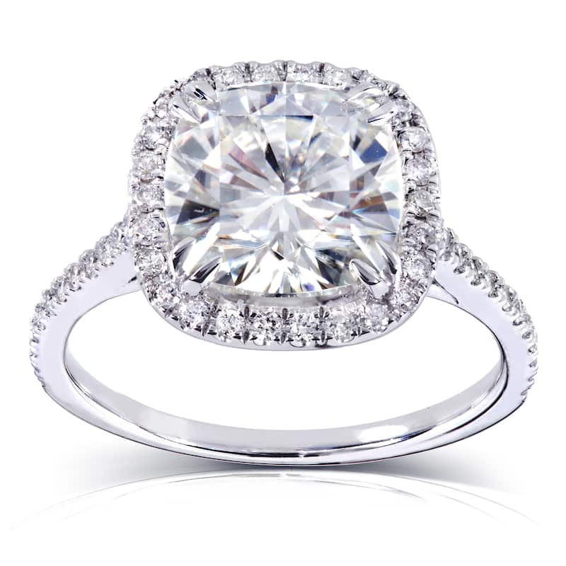Annello by Kobelli 14k White Gold 3ct TGW Cushion Moissanite and Diamond Halo Engagement Ring - 4