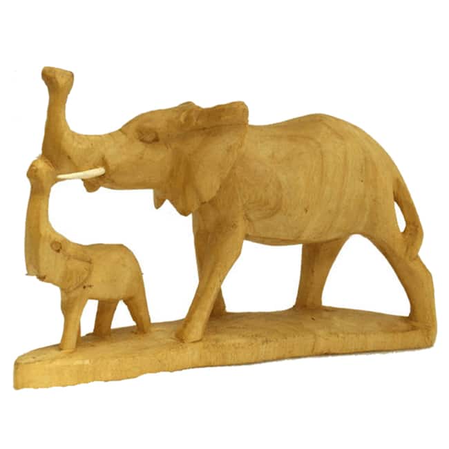 Hand-carved Natural Wooden Mother and Baby Elephant Statue (Kenya)