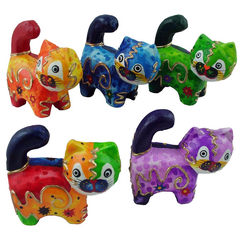 Handmade Multicolor 5-piece Cat Figurine Set (Indonesia)