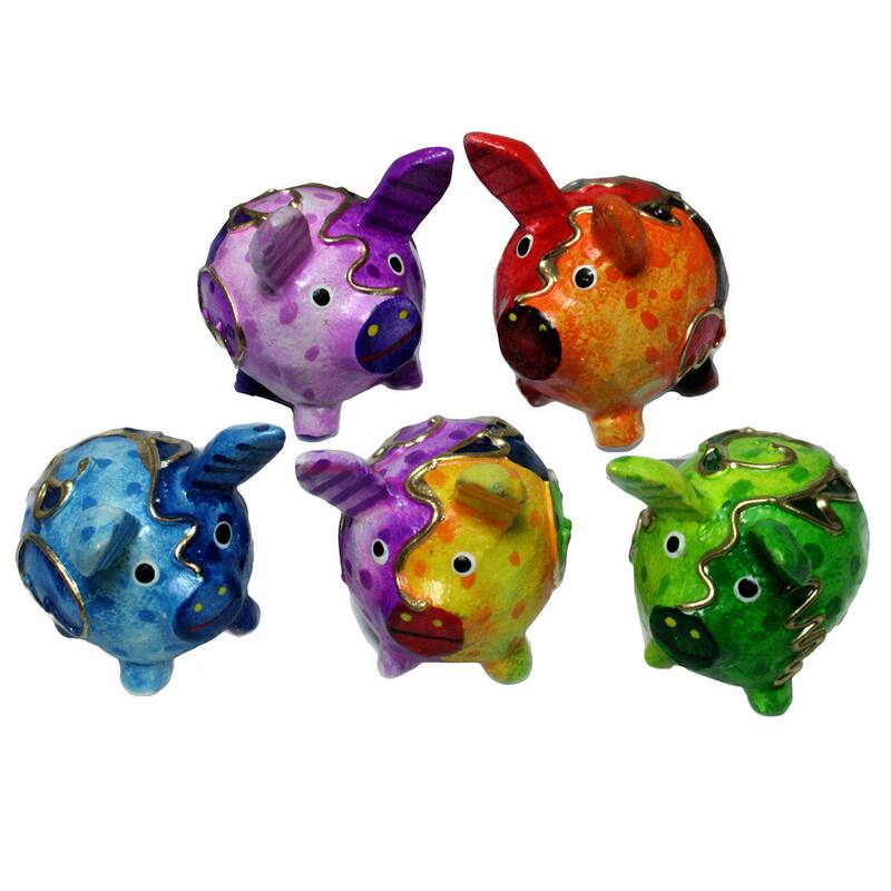 Handmade Multicolor 5-piece Pig Set (Indonesia) - Green