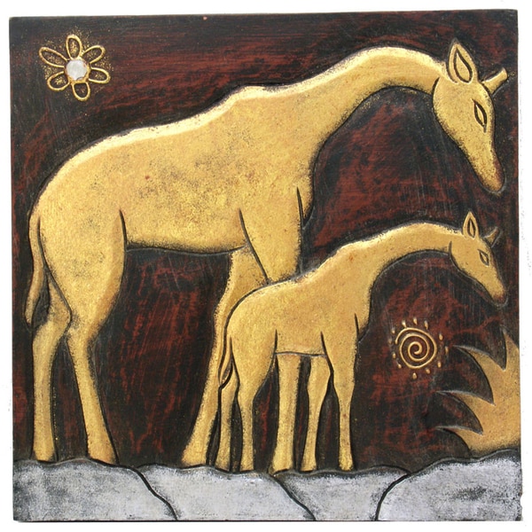 Hand-Carved 'Giraffe with Baby' Wall Panel, Handmade in 