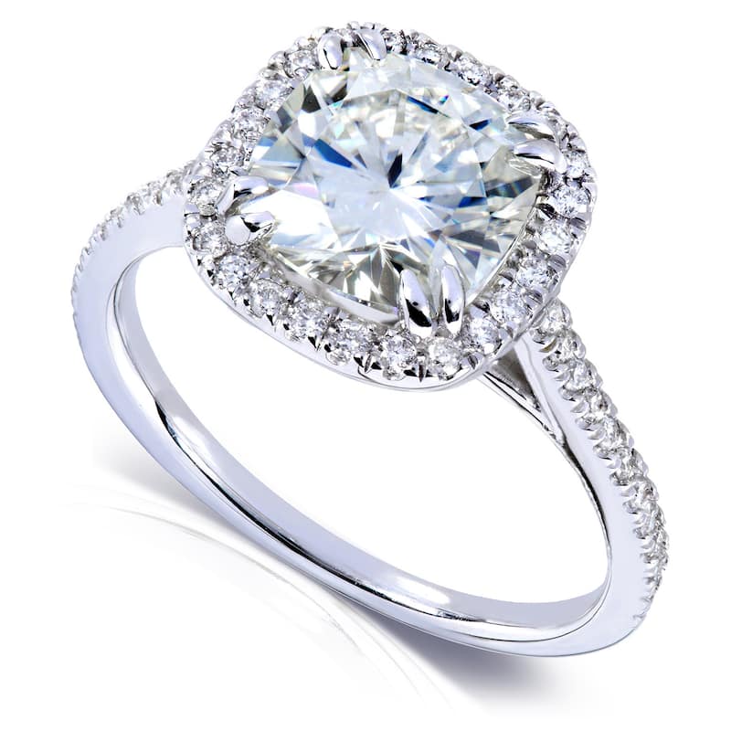Kobelli 2.3 Carats Moissanite & Natural Diamond 14k White Gold Cushion Halo Cathedral Original Engagement Ring