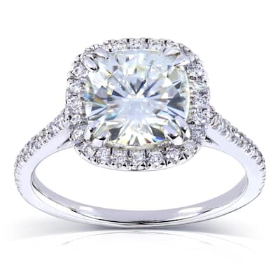 Kobelli 2.3 Carats Moissanite & Natural Diamond 14k White Gold Cushion Halo Cathedral Original Engagement Ring