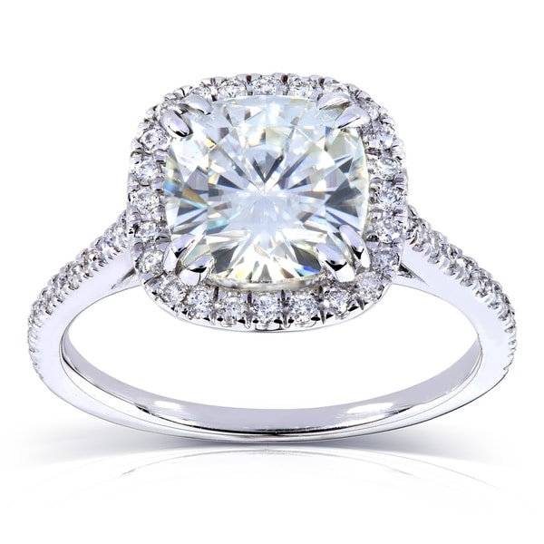 Annello by Kobelli 14k White Gold 2 1/4ct TGW Cushion Moissanite and Diamond Halo Engagement Ring