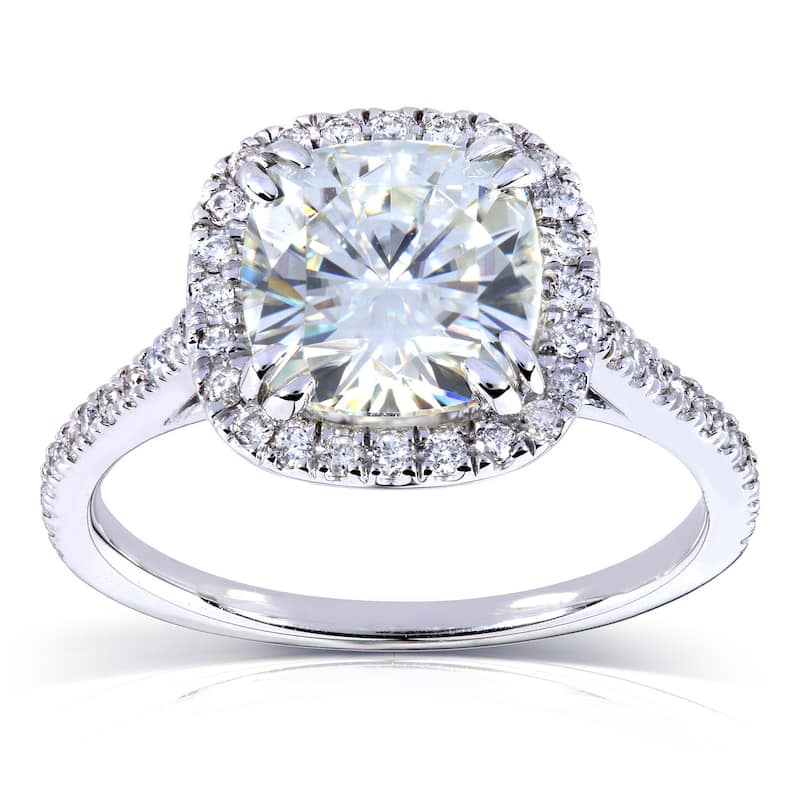 Kobelli 2.3 Carats Moissanite & Natural Diamond 14k White Gold Cushion Halo Cathedral Original Engagement Ring