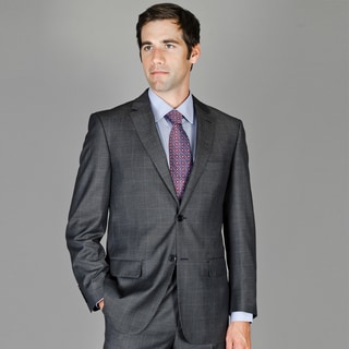 Men's Slim Fit Grey Sharkskin Wool and Silk Blend Suit - Free