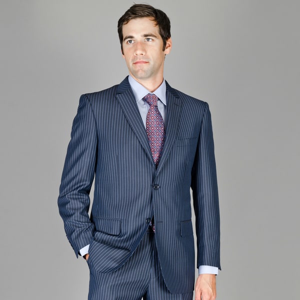 Navy With Blue Stripe 2 Button Wool and Silk Blend Suit Suits