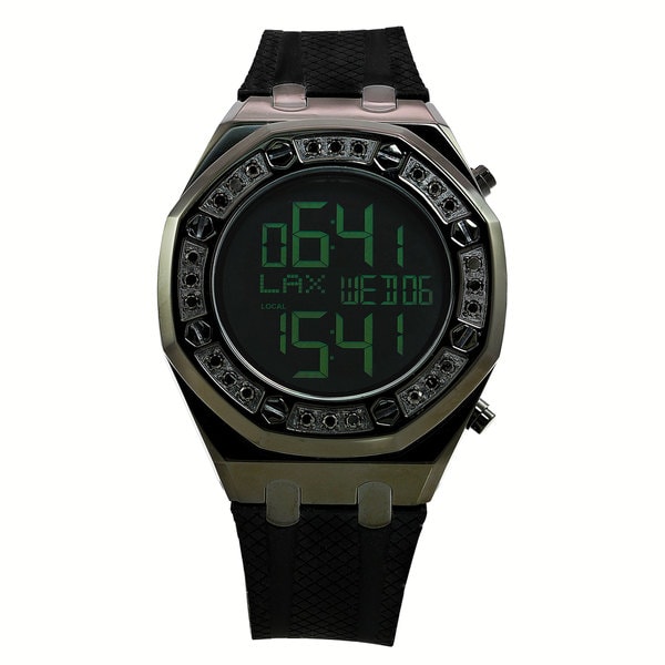 Techno Com by KC Mens Black Diamond Accented Rose Goldtone Digital