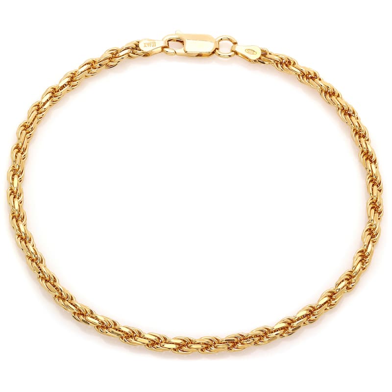 Yellow Gold Plated Silver Diamond-Cut Rope Chain Bracelet (7-8 Inch)