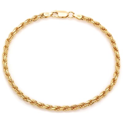Yellow Gold Plated Silver Diamond-Cut Rope Chain Bracelet (7-8 Inch)