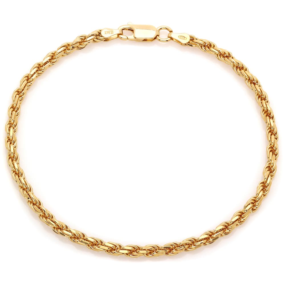 Yellow Gold Plated Silver Diamond-Cut Rope Chain Bracelet (7-8 Inch)