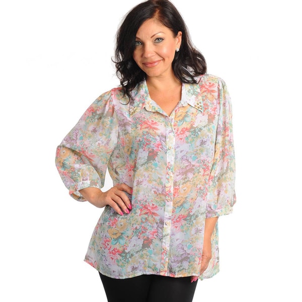 Stanzino Women's Plus Size Floral Print Quarter Sleeve Chiffon Top Tops