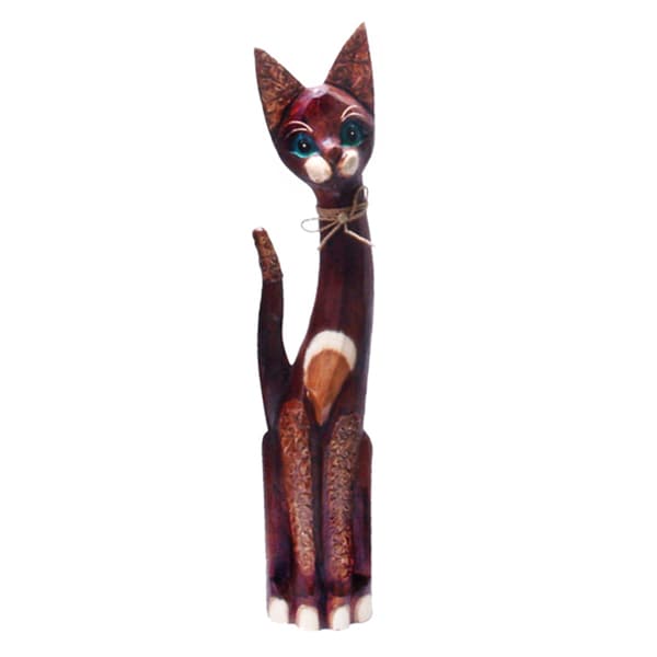 Hand Carved Wooden Bow Tie Cat Statue, Handmade in Indonesia