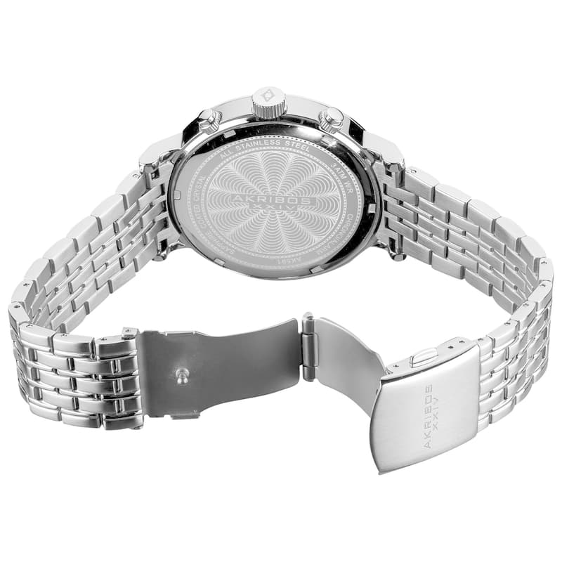 Akribos XXIV Men's Stainless Steel Swiss Collection Chronograph Silver-Tone Watch with Blue Hands - White