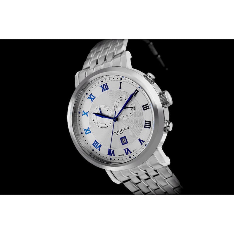 Akribos XXIV Men's Stainless Steel Swiss Collection Chronograph Silver-Tone Watch with Blue Hands - White