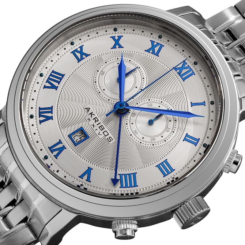 Akribos XXIV Men's Stainless Steel Swiss Collection Chronograph Silver-Tone Watch with Blue Hands - White