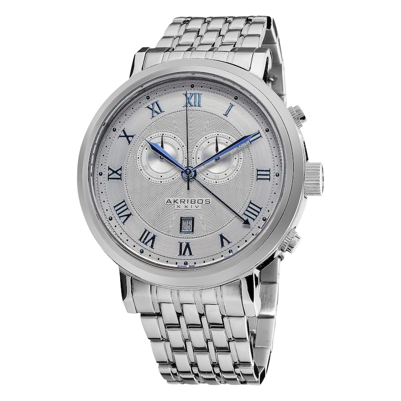 Akribos XXIV Men's Stainless Steel Swiss Collection Chronograph Silver-Tone Watch with Blue Hands - White