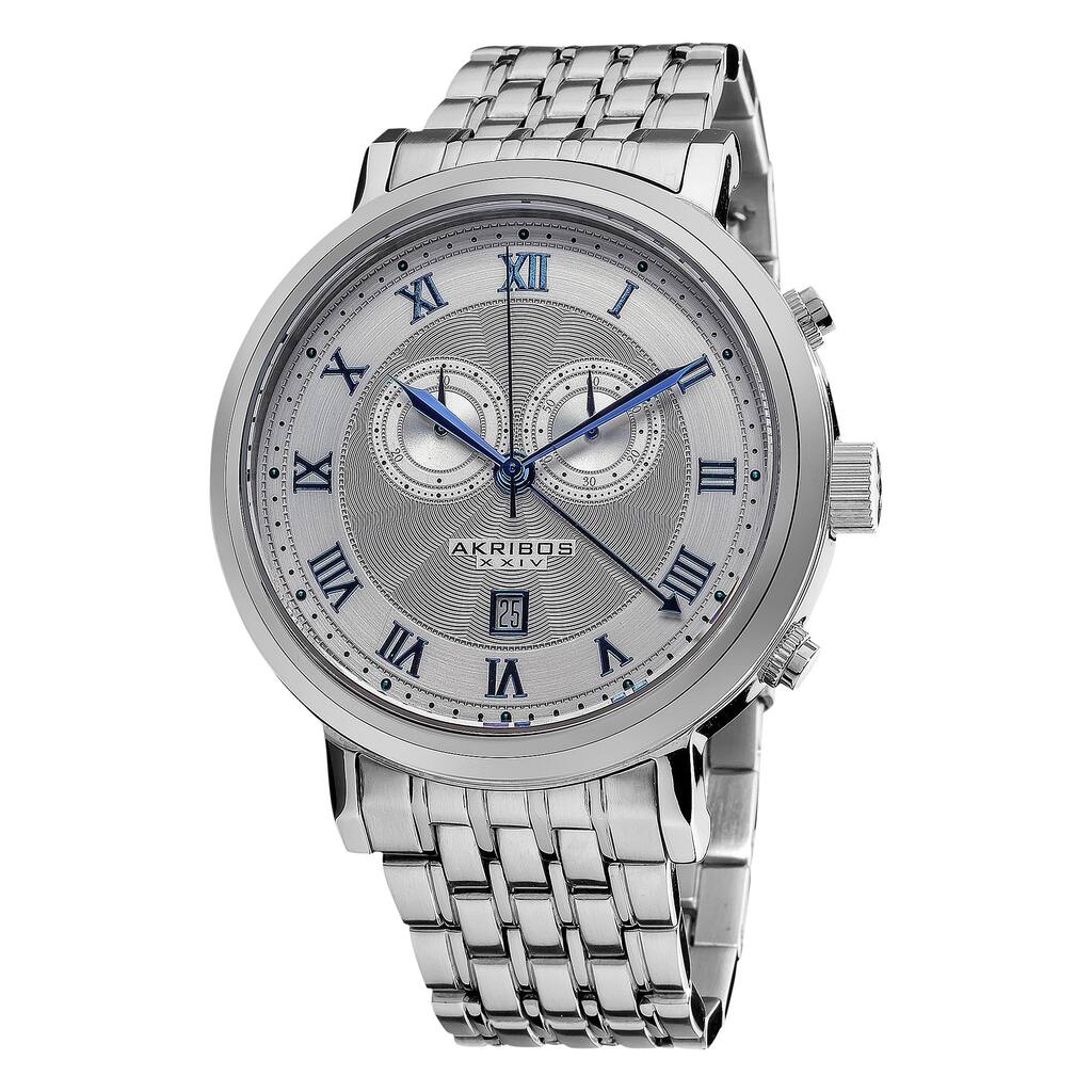 Akribos XXIV Men's Stainless Steel Swiss Collection Chronograph Silver-Tone Watch with Blue Hands - White