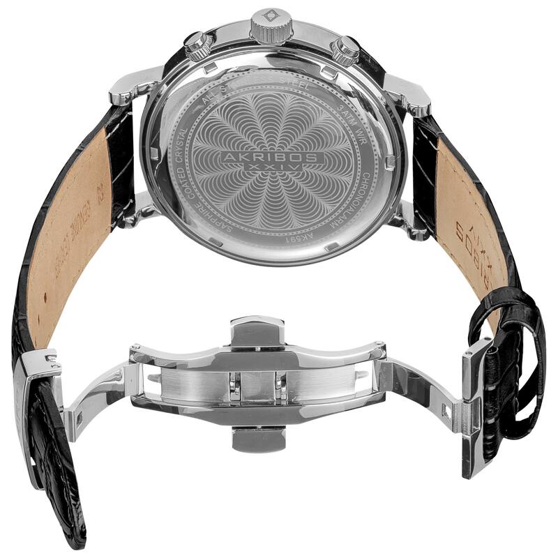 Akribos XXIV Men's Black Leather Strap Swiss Collection Chronograph Watch - silver