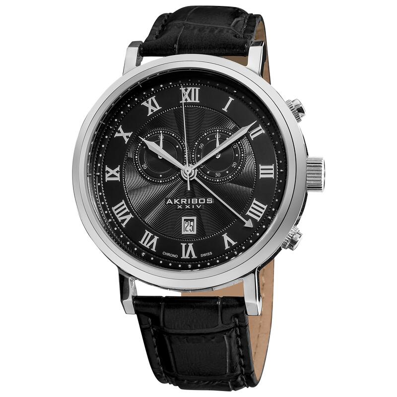 Akribos XXIV Men's Black Leather Strap Swiss Collection Chronograph Watch - silver