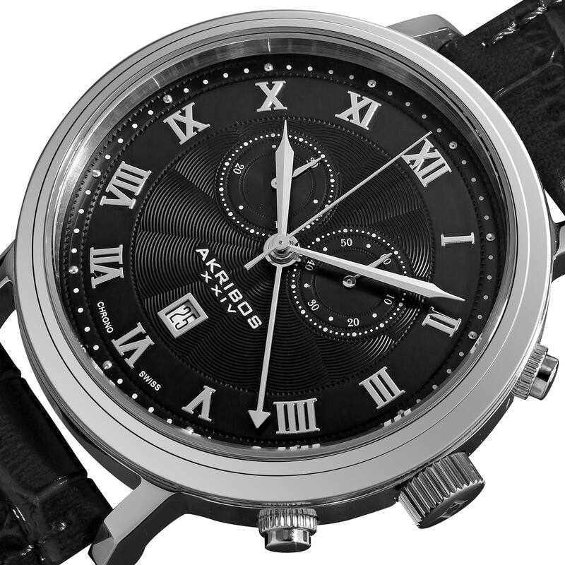 Akribos XXIV Men's Black Leather Strap Swiss Collection Chronograph Watch - silver
