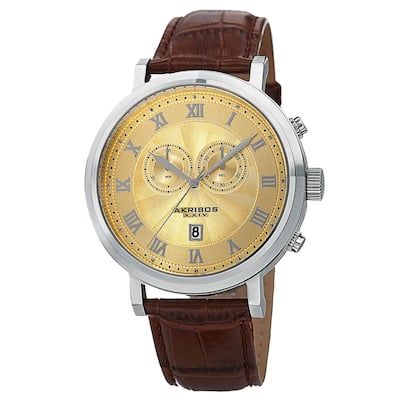Akribos XXIV Men's Brown Leather Silver-Tone Strap Swiss Collection Chronograph Watch with Gold Face