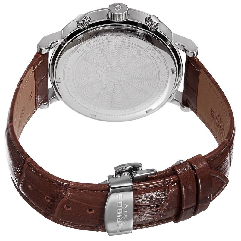 Akribos XXIV Men's Brown Leather Silver-Tone Strap Swiss Collection Chronograph Watch with Gold Face