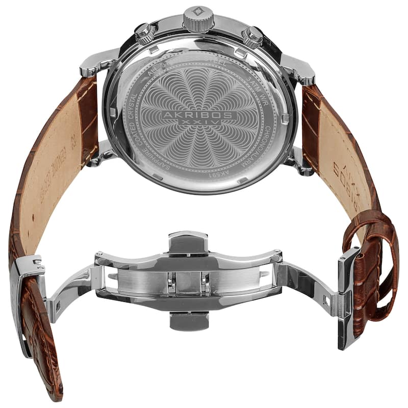 Akribos XXIV Men's Brown Leather Silver-Tone Strap Swiss Collection Chronograph Watch with Gold Face