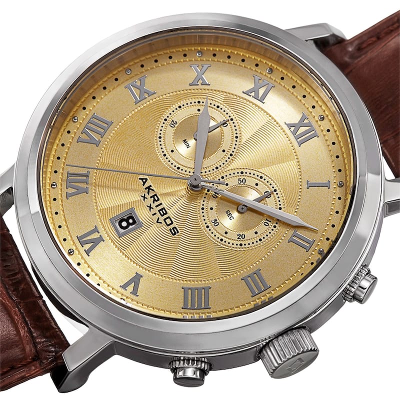 Akribos XXIV Men's Brown Leather Silver-Tone Strap Swiss Collection Chronograph Watch with Gold Face