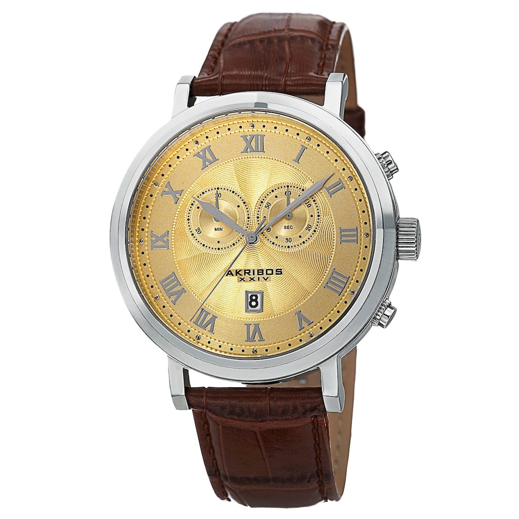 Akribos XXIV Men's Brown Leather Silver-Tone Strap Swiss Collection Chronograph Watch with Gold Face