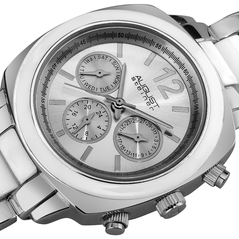 August Steiner Women's Resin Silvertone Swiss Quartz Multifunction White Bracelet Watch