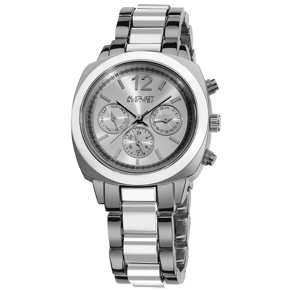 August Steiner Women's Resin Silvertone Swiss Quartz Multifunction White Bracelet Watch