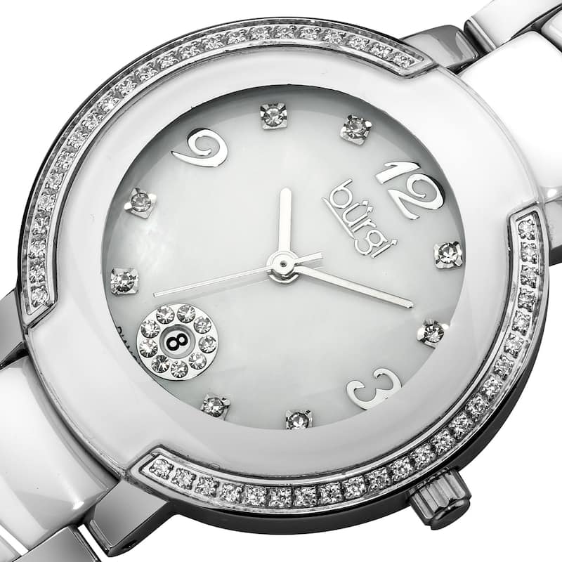 Burgi Women's Diamond White Ceramic Bracelet Watch - black