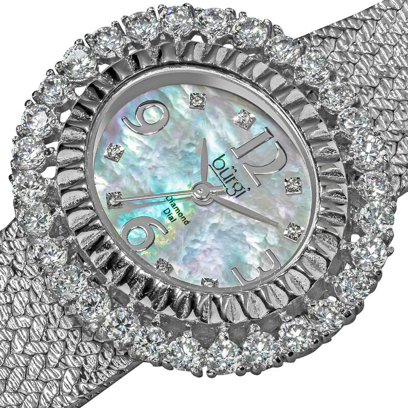 Burgi Women's Mother of Pearl Diamond Mesh Silver-Tone Bracelet Watch - black