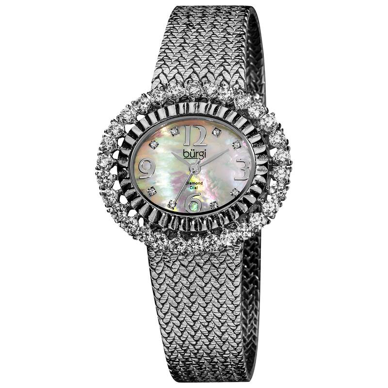 Burgi Women's Mother of Pearl Diamond Mesh Silver-Tone Bracelet Watch - black