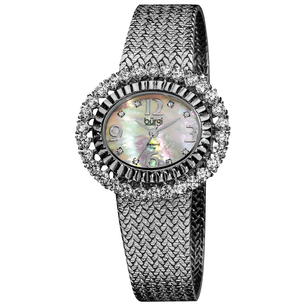 Burgi Women's Mother of Pearl Diamond Mesh Silver-Tone Bracelet Watch - black