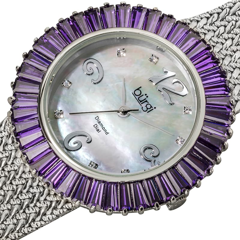 Burgi Women's Mother of Pearl Diamond and Baguette Blue Bracelet Watch, Purple CZ Bezel - WHITE