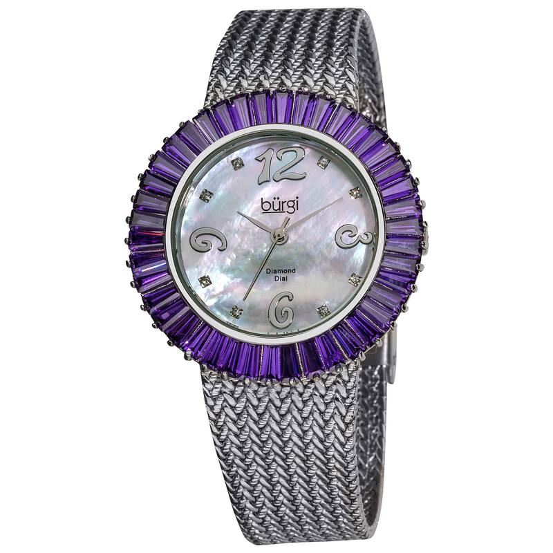 Burgi Women's Mother of Pearl Diamond and Baguette Blue Bracelet Watch, Purple CZ Bezel - WHITE