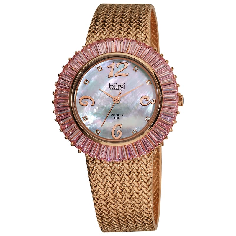 Burgi Women's Diamond and Baguette Pink Bracelet Watch - black