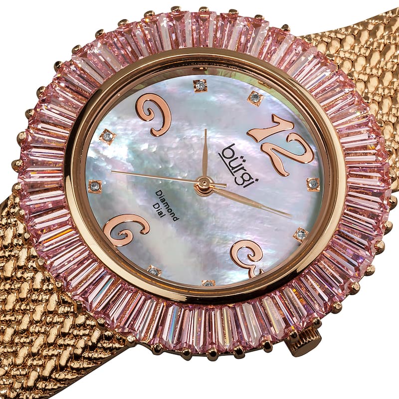 Burgi Women's Diamond and Baguette Pink Bracelet Watch - black