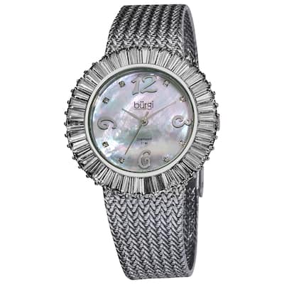 Burgi Women's Mother of Pearl Diamond and Baguette Bracelet Watch, White CZ Bezel