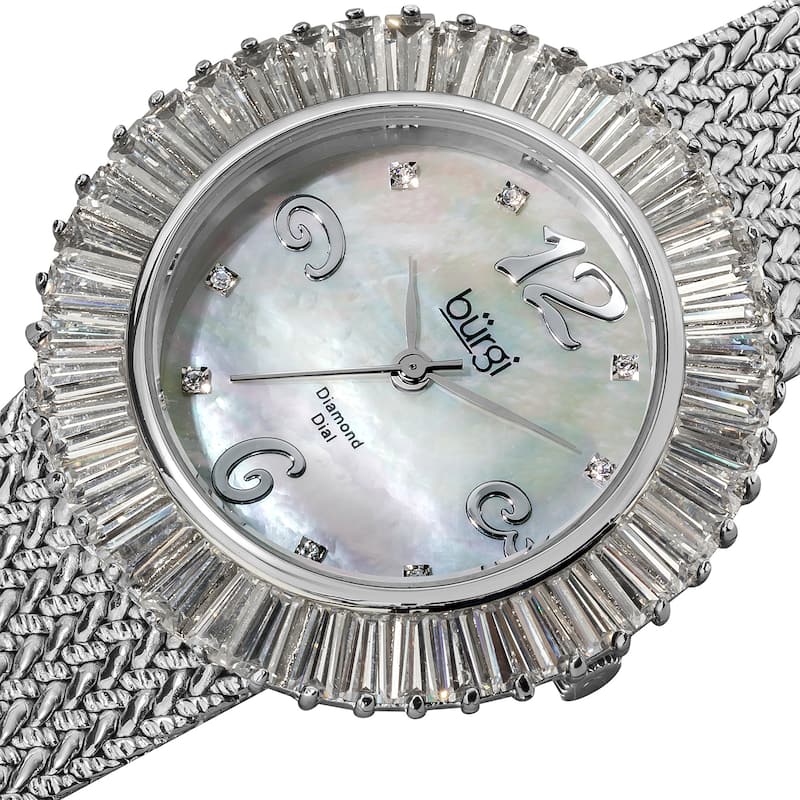 Burgi Women's Mother of Pearl Diamond and Baguette Bracelet Watch, White CZ Bezel