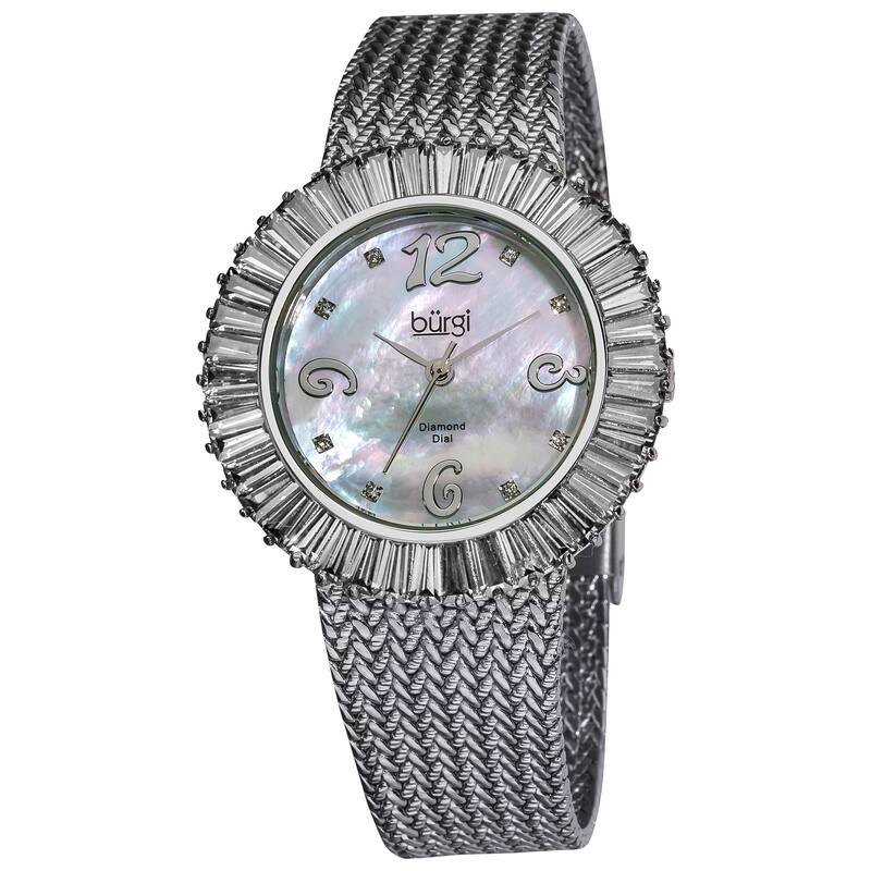 Burgi Women's Mother of Pearl Diamond and Baguette Bracelet Watch, White CZ Bezel