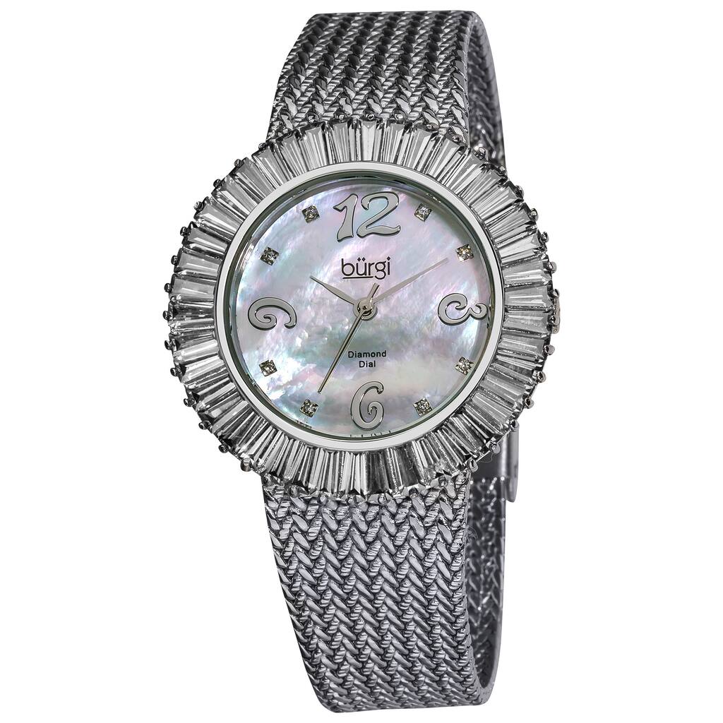 Burgi Women's Mother of Pearl Diamond and Baguette Bracelet Watch, White CZ Bezel