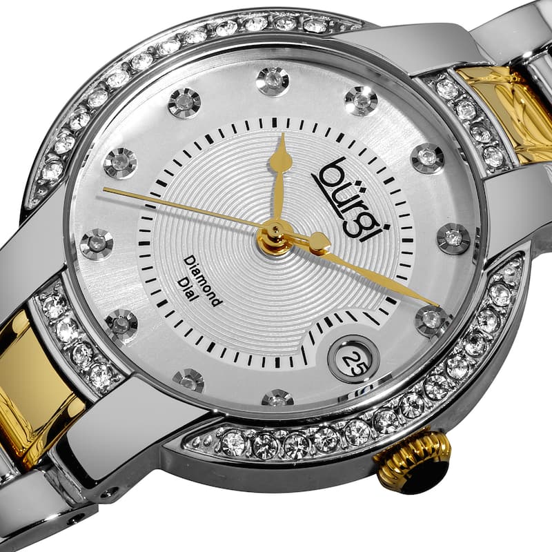 Burgi Women's Stainless Steel Diamond Date Two-Tone Bracelet Watch - black
