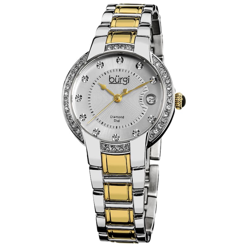 Burgi Women's Stainless Steel Diamond Date Two-Tone Bracelet Watch - black