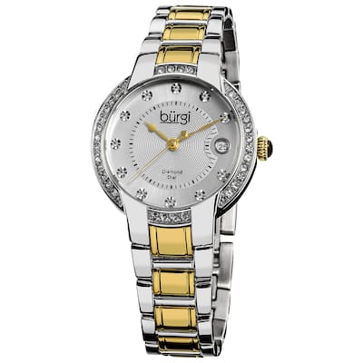 Burgi Women's Stainless Steel Diamond Date Two-Tone Bracelet Watch - black